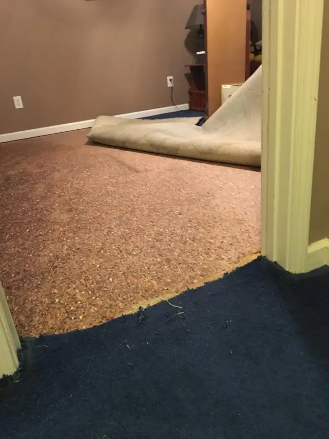 Carpet pad removal revealing water damage during Drying & Dehumidification in Gastonia